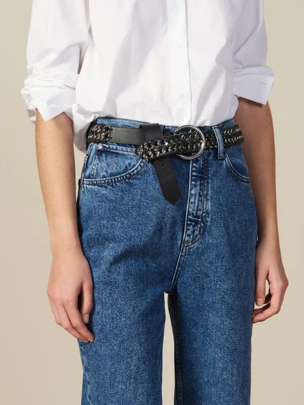 Sandro Woven Black Leather And Silver Chain Belt